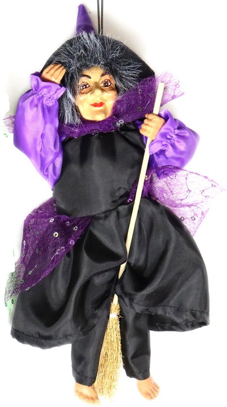 Création décoration poupée sorcière - volant sur balai - 10 cm - noir/violet  - Déco