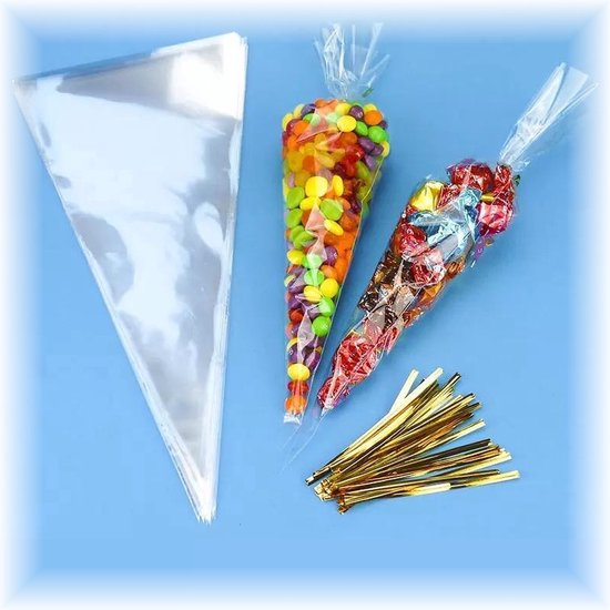 Fako Bijoux® - 100x Sachets Cône Cellophane 30x16cm - Sachet Cône Transparent - Sachet Friandises - Sachet Bonbons - Y Compris Bandes de Fermeture - 16x30cm - 100 Pièces