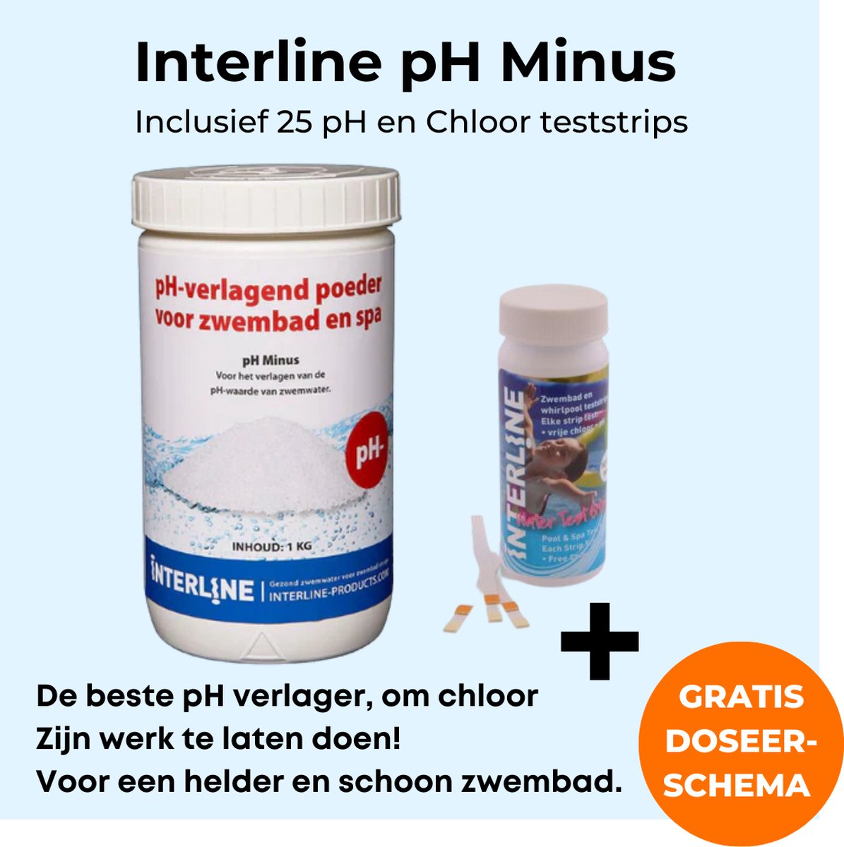 Interline pH minus 1kg Inclusief 25 chloor en pH teststrips pH minus voor zwembad Verlagen
