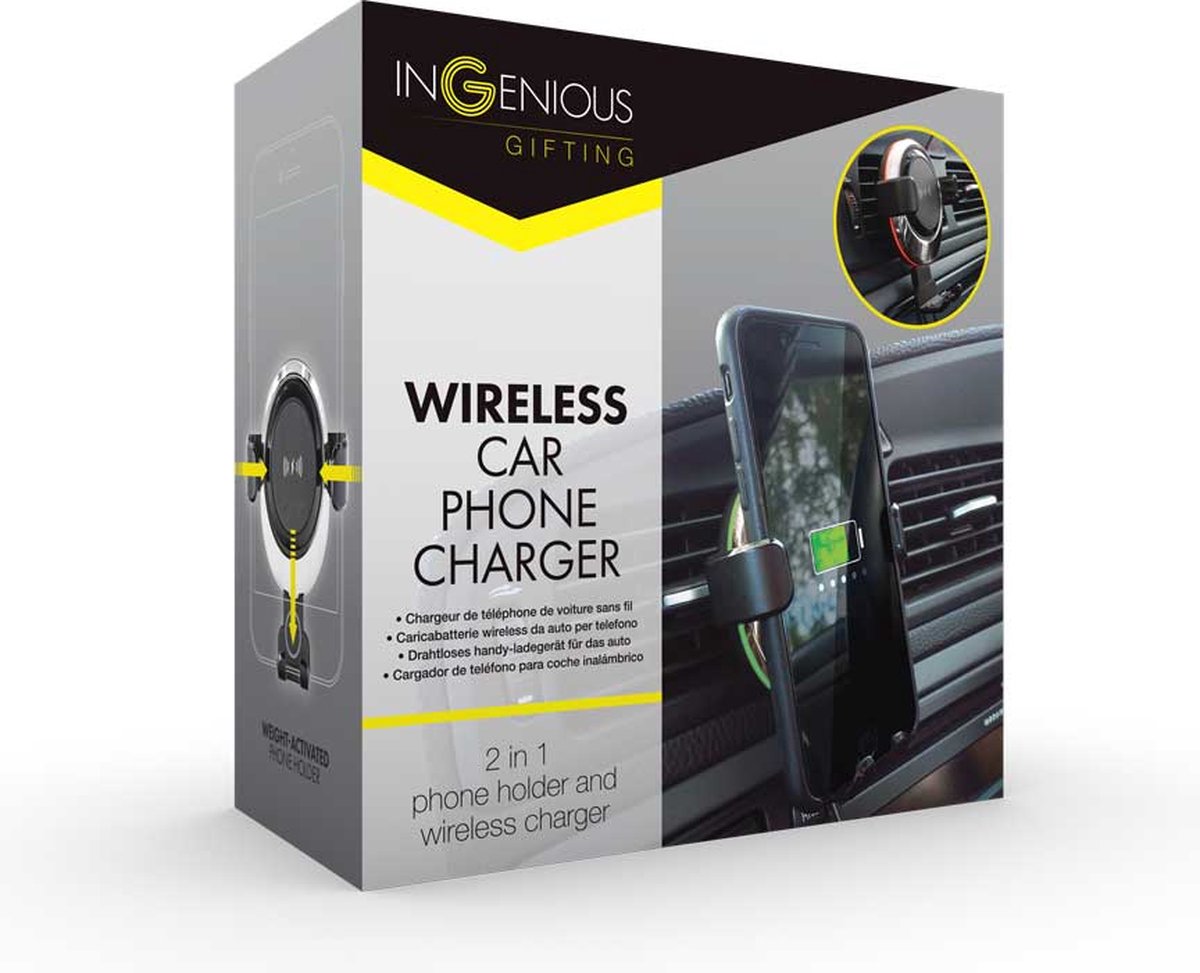InGenious Gifting Gadgets - 5W Draadloos Ladende Auto Telefoonhouder - 360° Draaiende Airco Clip