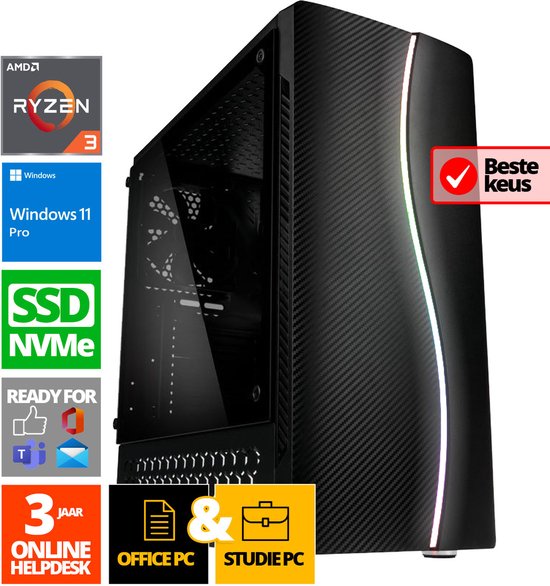Budget Office PC - Ryzen 3 - 500GB SSD - 16GB RAM - Radeon Vega 8 - Windows 11 Pro + WiFi & Bluetooth