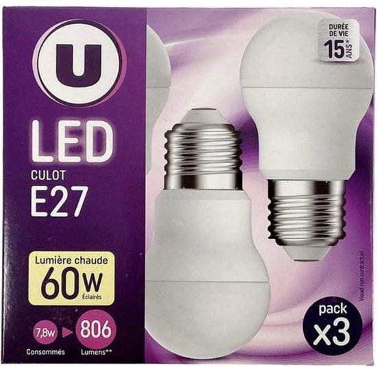 U Enseigne E27 A+ pack de 3 LED chaudes 7,8w