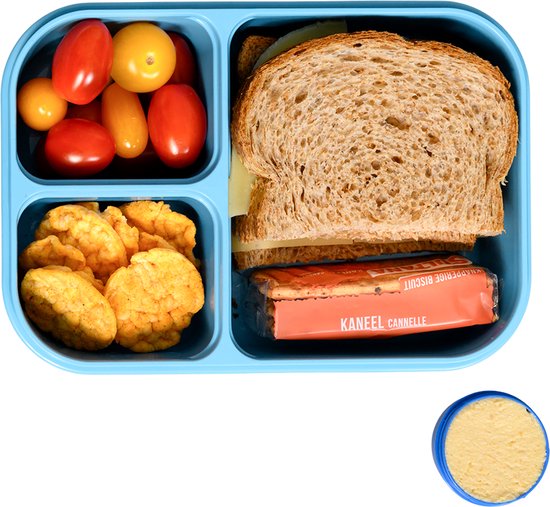 Lock&Lock Lunch Box - Bento Box - Boîte à pain - Salad Lunch Box - Avec 3 compartiments | Coffrets - Avec Dressing | Tasse à Sauce - Adultes et Enfants - To Go - Anti-fuite - Sans BPA - 980 ml - Blauw