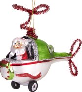 BRUBAKER Kerstman In Een Helikopter Groen - Handbeschilderde Glazen Kerstballen - Handgeblazen Kerstboomversieringen, Grappige Figuren, Decoratieve Hangers Boombal - 11 cm