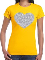 Zilveren hart glitter t-shirt geel dames XS