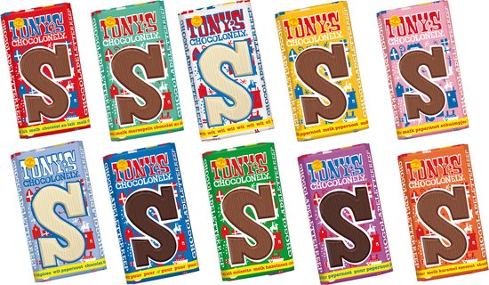 Foto: Tony chocolonely sint sinterklaas chocolade letters in 10 smaken puur wit wit pepernoot puur puur pepernoot marsepein pepernoot schuimpjes pepernoot hazelnoot karamel zeezout melk