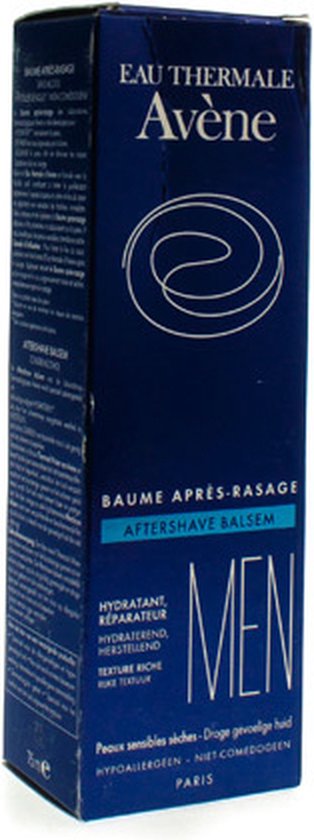 Donkerblauwe kartonnen verpakking voor Avène Men Aftershave Balsem, met witte tekst en een cirkelvormig logo.