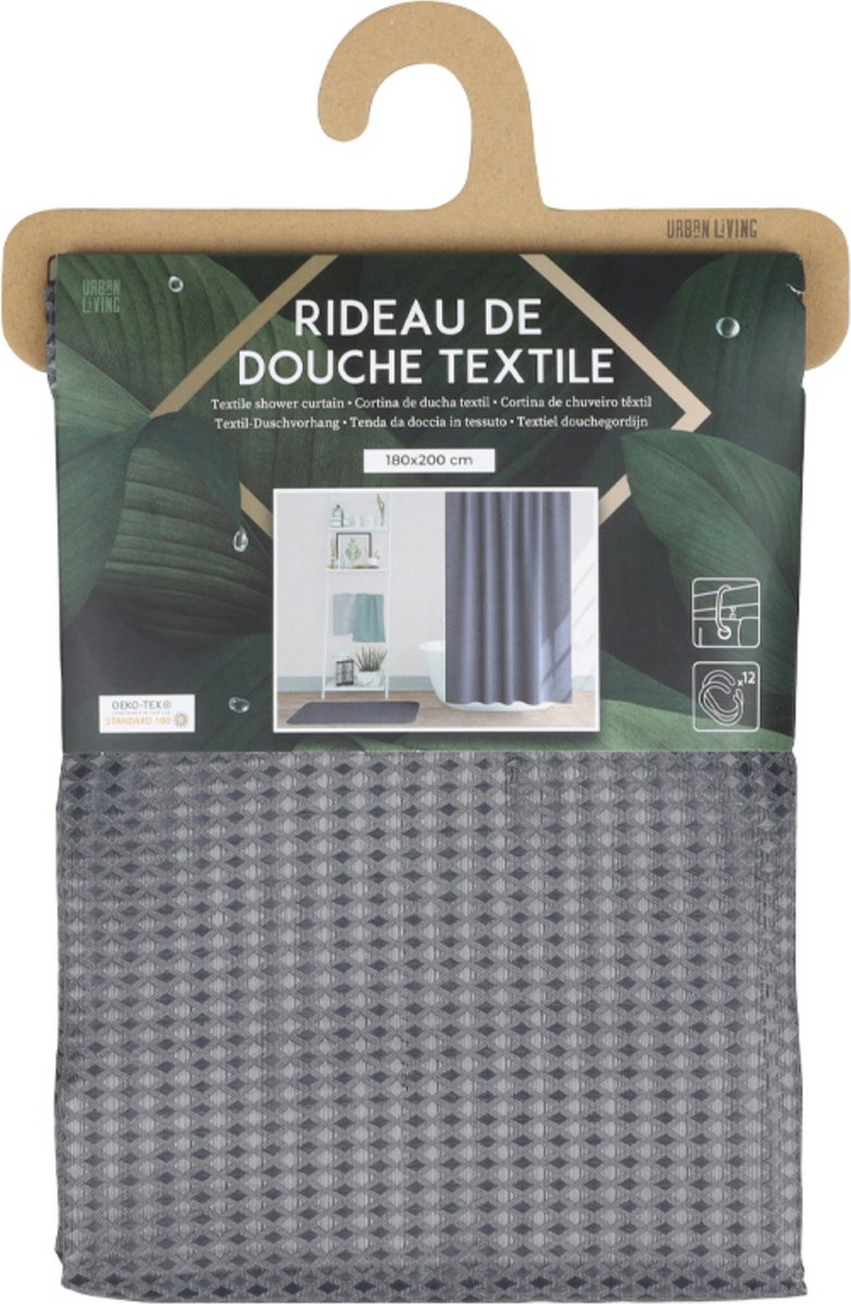 Urban Living Douchegordijn met ringen - donkergrijs - polyester - 180 x 200 cm - Voor bad en douche