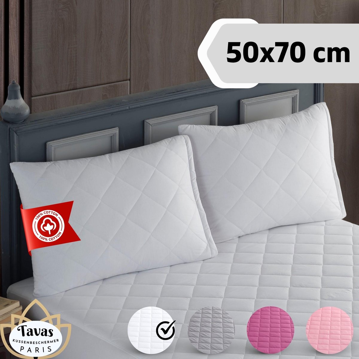 Tavas Paris Kussenbeschermer Waterdicht 2 stuks Wit Kussenbeschermers 50 x 70 cm 100% Katoen molton kussensloop Kussen Beschermer Kussenbeschermers Met rits Waterproof kussen molton Kussenslopen