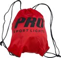 Sac de sport rouge avec cordons et logo noir "PRO SPORT LIGHTS", sur fond blanc.