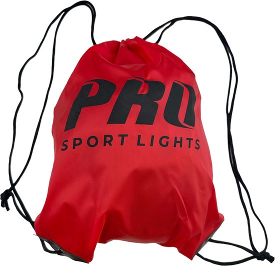 Sac de sport rouge avec cordons et logo noir "PRO SPORT LIGHTS", sur fond blanc.