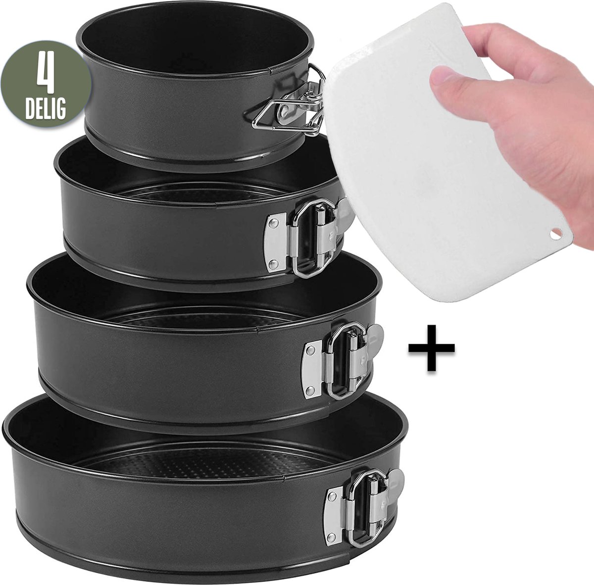 COOCK 4-delig Ronde Springvorm Set - Bakblik Rond - Taartvorm - Bakvorm met Anti Aanbaklaag - Maten 12 tot 28cm - Incl Deegschraper