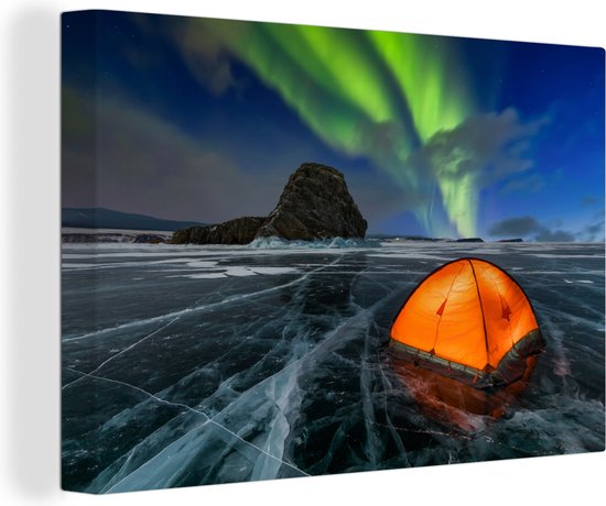 Tente sur la glace sous les aurores boréales toile 2cm 90x60 cm - Tirage photo sur toile (Décoration murale salon / chambre) / phénomènes naturels Peintures sur toile