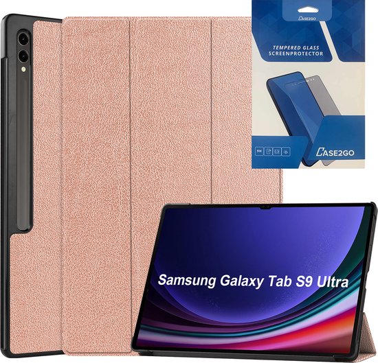 Tablethoes en Screenprotector geschikt voor Samsung Galaxy Tab S9 Ultra (2023) - Tri-fold hoes met Auto/Wake functie en Magnetische sluiting - Rose Goud
