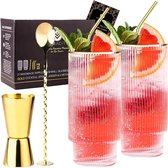 Gecanneleerde Gin Tonic-glazenset met gouden rand | 2 longdrinkglazen, barlepel, maatbeker voor sterke drank, 2 metalen rietjes | Recept-pdf | cocktailglazen | Gin cadeau | Gin glazen set
