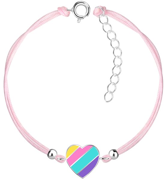 Joy|S - Zilveren hartje bedel armband - gestreept hartje sterling zilver 925 - roze koord - th16