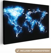 Canvas Wereldkaart - 90x60 - Wanddecoratie Wereldkaart - Blauw - Zwart