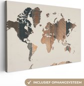 Canvas Wereldkaart - 90x60 - Wanddecoratie Wereldkaart - Houten - Beige