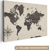 Canvas Wereldkaart - 30x20 - Wanddecoratie Wereldkaart - Hout - Kompasroos