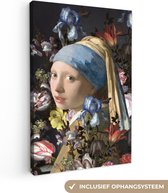 Canvas schilderij 90x140 cm - Wanddecoratie Meisje met de parel - Johannes Vermeer - Bloemen - Muurdecoratie woonkamer - Slaapkamer decoratie - Kamer accessoires - Schilderijen