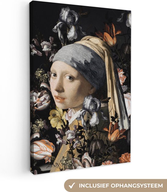 Canvas Schilderij Meisje met de parel - Johannes Vermeer - Bloemen - 60x90 cm - Wanddecoratie