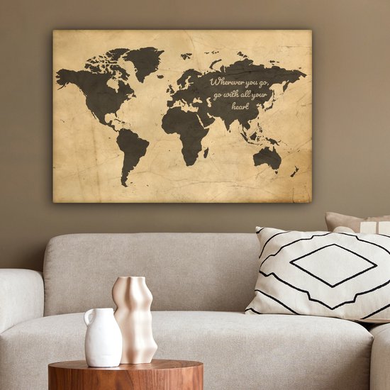Peintures Toile Wereldkaart - Vintage - Citation - 150x100 cm - Décoration murale