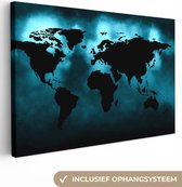 Canvas Wereldkaart - 60x40 - Wanddecoratie Wereldkaart - Zwart - Blauw