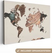 Canvas Wereldkaart - 90x60 - Wanddecoratie Wereldkaart - Hout - Bruin