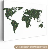 Canvas Wereldkaart - 60x40 - Wanddecoratie Wereldkaart - Tropische Planten - Wit