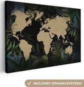 Canvas Wereldkaart - 30x20 - Wanddecoratie Wereldkaart - Zwart - Bladeren