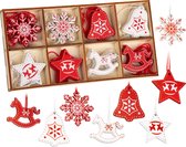 BRUBAKER 24-Delig Kerstboomhanger Set - Boom Ornamenten Rood Wit Gemaakt Van Hout 3-4 cm - Schommelpaarden Sterren Bellen - Deco Hanger Weihnachten - Houten Kerstboom Hangers - Ornamenten