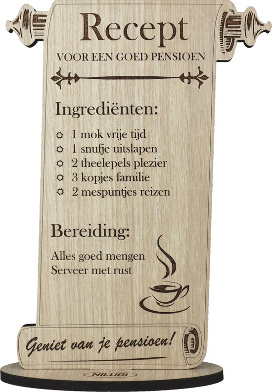 Recept pensioen - houten wenskaart - kaart van hout - VUT - pensionering - 17.5 x 25 cm