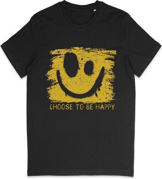 T Shirt Heren en Dames (Unisex) Be Happy Smiley Gele Grunge Print Opdruk - Zwart - Maat S