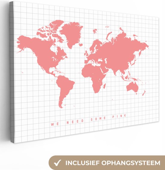 Toile Wereldkaart - Rose - Citation - 180x120 cm - Décoration murale