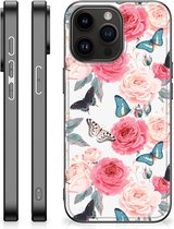 Telefoontas Geschikt voor iPhone 15 Pro Max Smartphone Hoesje met Zwarte rand Butterfly Roses