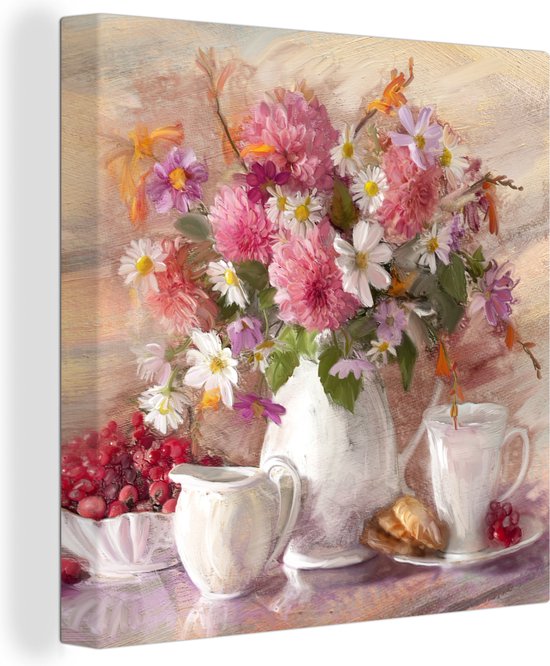 Toile - Peinture - Fleurs - Vase - Huile - 90x90 cm - Décoration murale