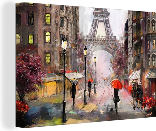 Canvas - Schilderij - Eiffeltoren - Parijs - Olieverf - Paraplu - Kunst - Schilderijen op canvas - Canvas doek - 150x100 cm - Foto op canvas - Woonkamer - Wanddecoratie