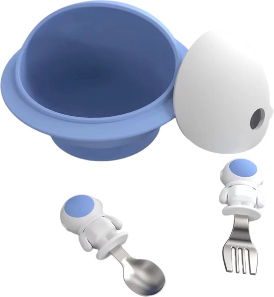 Kinderservies Astronauten Set van 6 voor Kinderen - Bord/Lepel/Vork/Beker/Slabbetje/Kommetje - BPAVRIJ Anti slip Ftalaatvrij - Baby servies - Kinderservies - Kinderbord - Blauw - Magnetron - Vaatwasser van Kinder — afbeelding 4