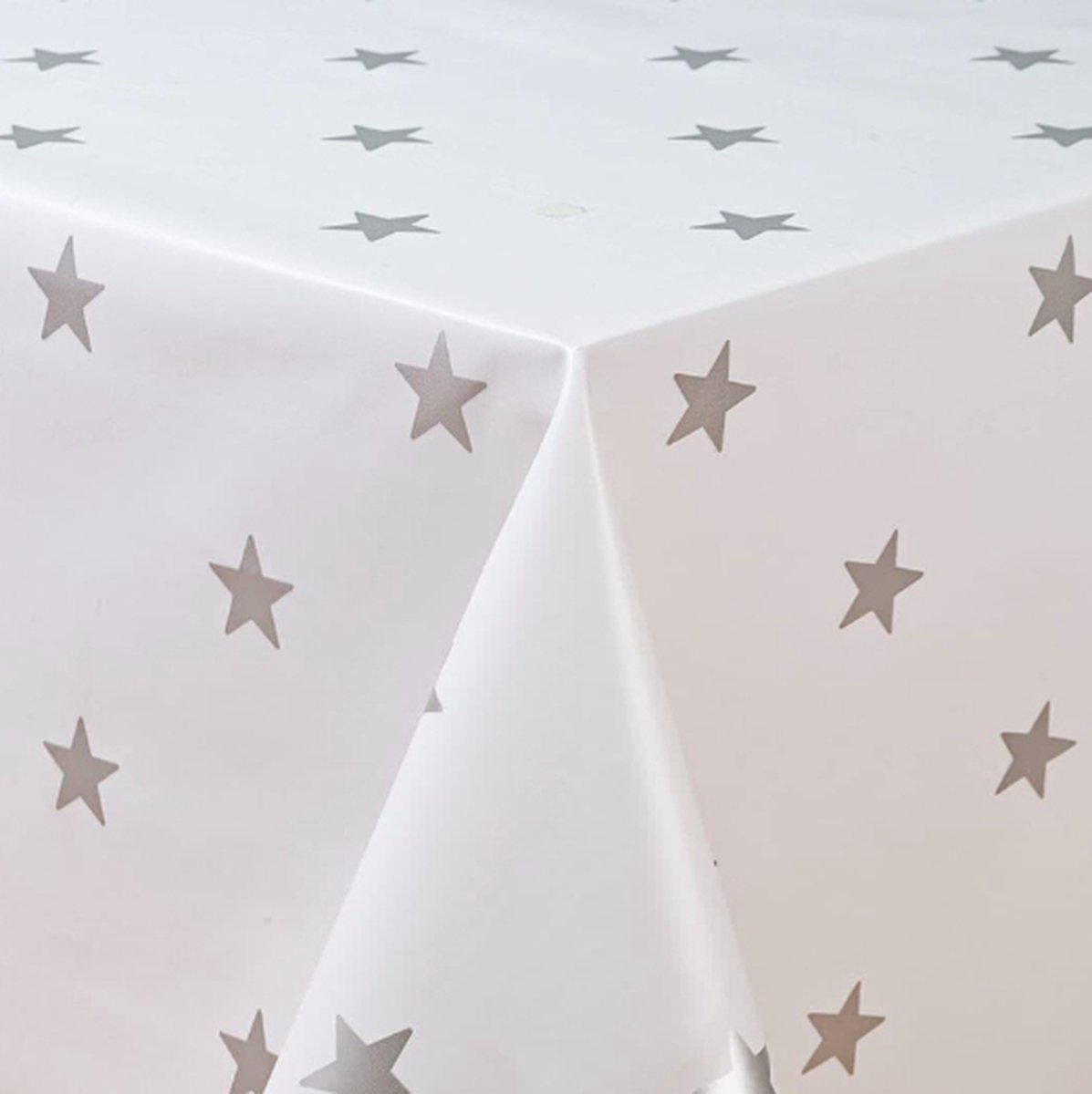 Kerst tafelzeil/ tafelkleed PVC - op koker verzonden (geen vouwen) Kerst sterren wit/zilver - 200x140cm - Huistuinentafelzeil.nl