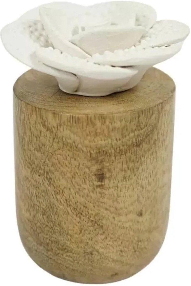 Geurolie diffuser - 11 cm - bloem vorm keramiek - wit - luchtverfrisser - geurverspreider - houten standaard - bruin - geurverstuiver - aromaverspreider
