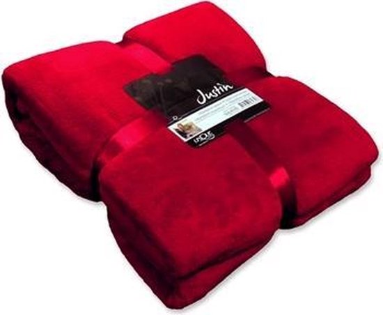 Rood 'Justin' plaid van Unique Living, vastgebonden met lint en etiket.