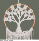 Balivie - Wandkleed - Macramé - Tree of Life - Hand geknoopt katoen binnen een frame van Rotan in cirkel vorm - Wit - ø 33 cm D 2 cm L 95 cm