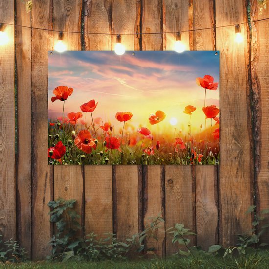 Tuinposter bloemen - Tuindecoratie klaprozen rood - 120x80 cm - Tuinschilderij voor buiten - Tuindoek zonsondergang - Wanddecoratie tuin - Schuttingdoek - Balkon decoratie - Muurdecoratie - Buitenschilderij