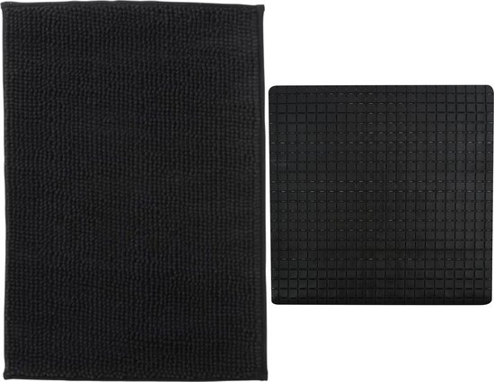 MSV Douche anti-slip mat en droogloop mat - Sevilla badkamer set - rubber/microvezel - zwart