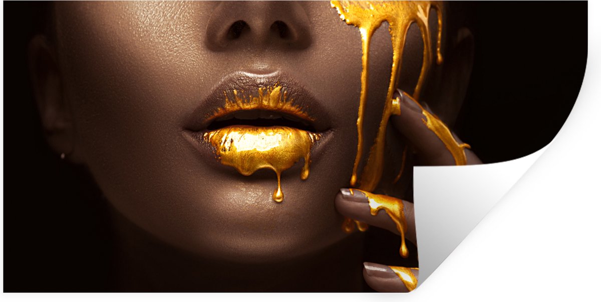 Muurstickers - Sticker Folie - Goud - Vrouw - Verf - Lippen - Luxe - 160x80 cm - Plakfolie