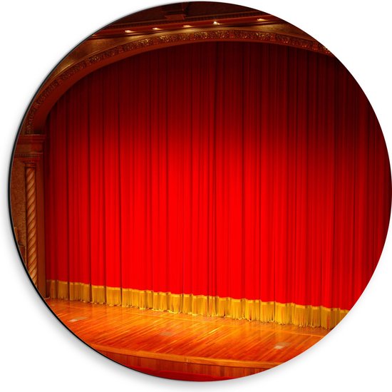 Dibond Muurcirkel - Podium met Rode Theatergordijnen in Theater - 30x30 cm Foto op Aluminium Muurcirkel (met ophangsysteem)