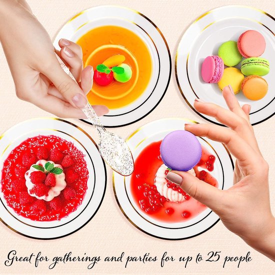 MATANA 150-delig Plastic Feestservies - 50 Witte Feestborden met Gouden Rand (2 Maten), 25 Lepels, 25 Vorken, 25 Messen, 25 Feestbekers - Bruiloften en Verjaardagen van MATANA — afbeelding 3