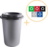 Plafor Eco Bin Ronde Prullenbak voor afvalscheiding - 50L – Donkergrijs - Inclusief 5-delige Stickerset - Afvalbak voor gemakkelijk Afval Scheiden en Recycling - Afvalemmer - Vuilnisbak voor Huishouden, Keuken en Kantoor - Afvalbakken - Recyclen