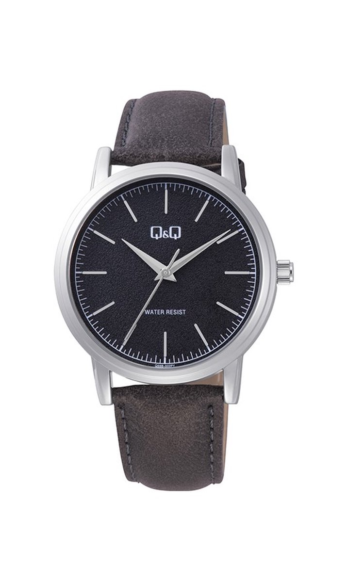 QQ Q59B-002PY - Horloge - Analoog - Heren - Mannen - Leren band - Rond - Metaal - Streepjes - Grijs - Zilverkleurig