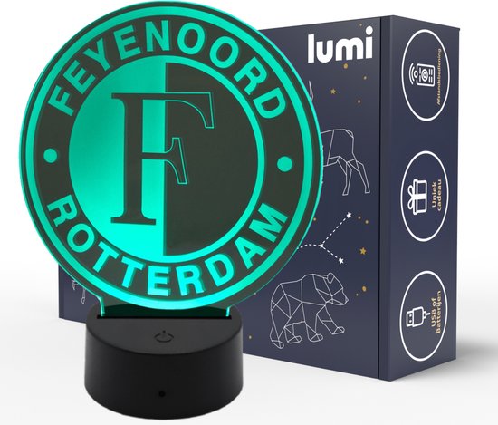 Lumi 3D Nachtlamp - 16 kleuren - Feyenoord - Rotterdam - Voetbal - LED Illusie - Bureaulamp - Sfeerlamp - Dimbaar - USB of Batterijen - Afstandsbediening - Cadeau
